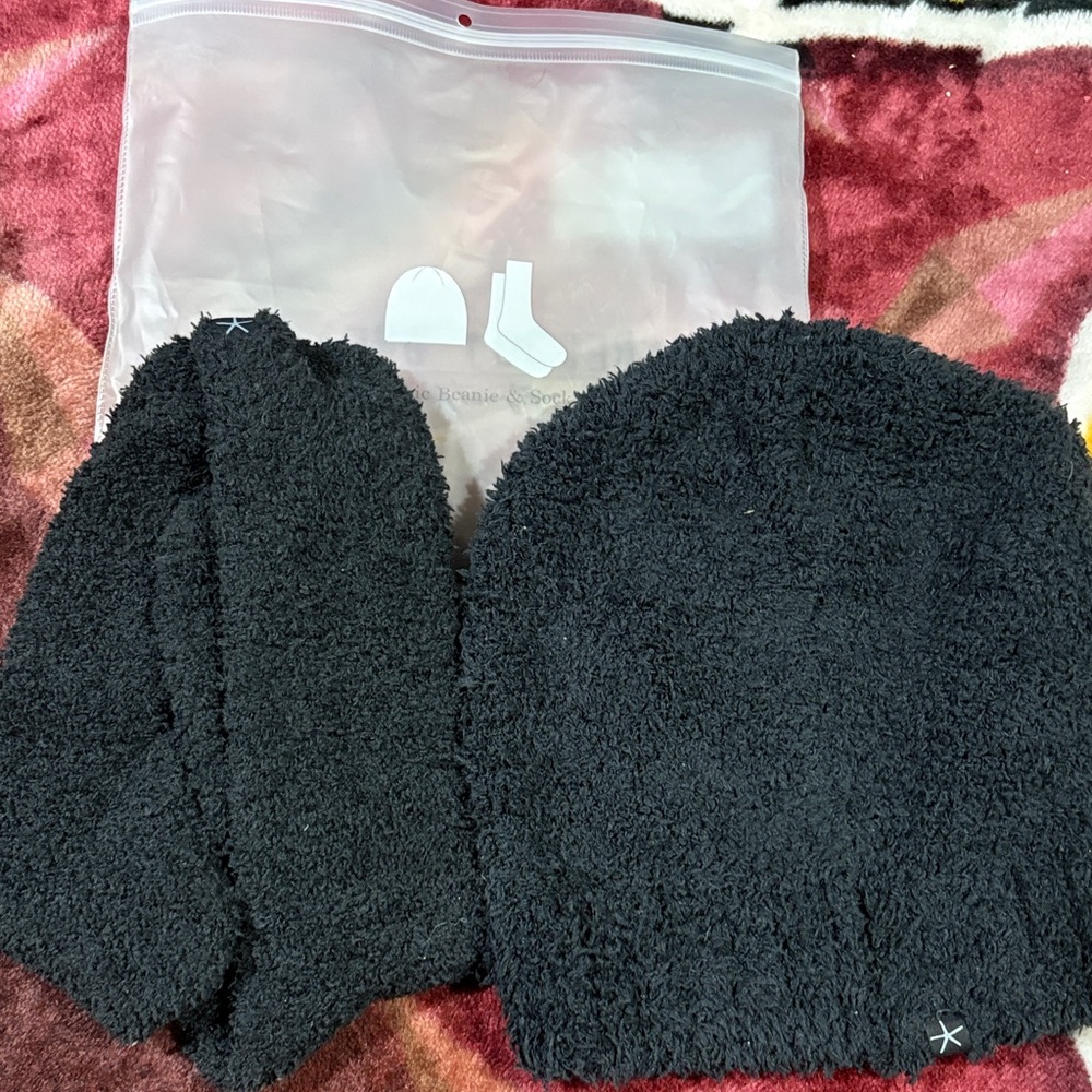 Plush Black Beanie and Socks Set